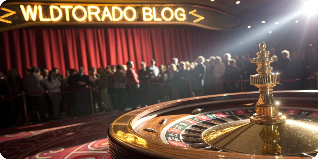 The Thrill of the Spin | Wildtornado Blog Roulette wheel spinning in a luxury casino with Wildtornado Blog branding