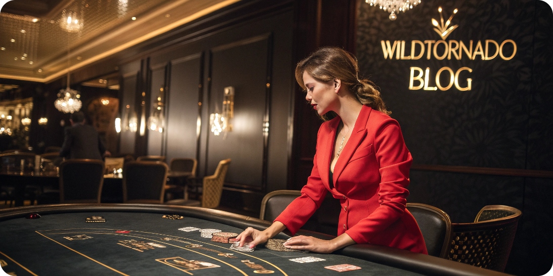 Baccarat Class & Prestige | Wildtornado Blog Elegant female dealer hosting a baccarat game with Wildtornado Blog title