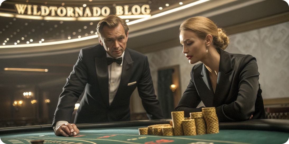 High-Stakes Blackjack Strategy | Wildtornado Blog Two players at a blackjack table with glowing Wildtornado Blog logo